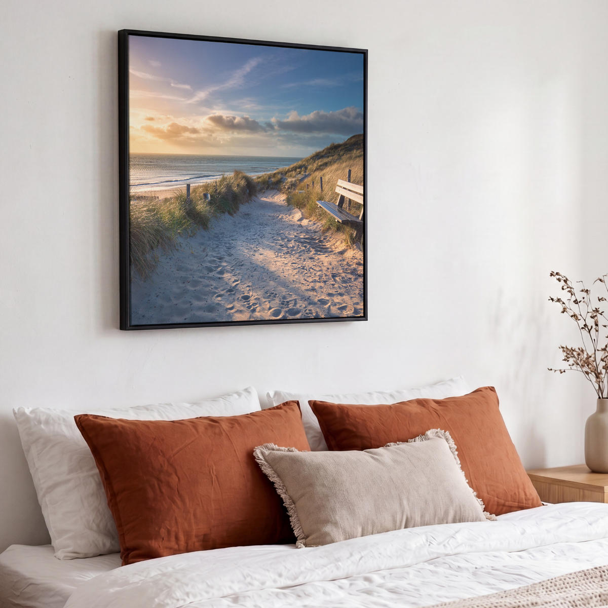 LEINWAND Bilder mit Rahmen - Sonnenuntergang - Strand - Düne - Gras - Ufer - 50x50 - Sandfarben, Textil (50/50cm) - MuchoWow