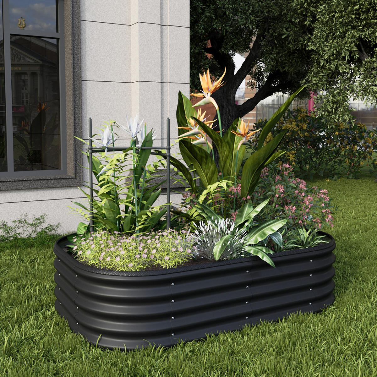 HOCHBEET-PFLANZKASTEN mit Pflanzenstütze aus verzinktem Stahl in Anthrazit Ovalen Blumenkasten für Garten Balkon langlebig rostfest 120 × 80 × 30 cm - Silberfarben, Metall (80/30/120cm) - Livingandhome
