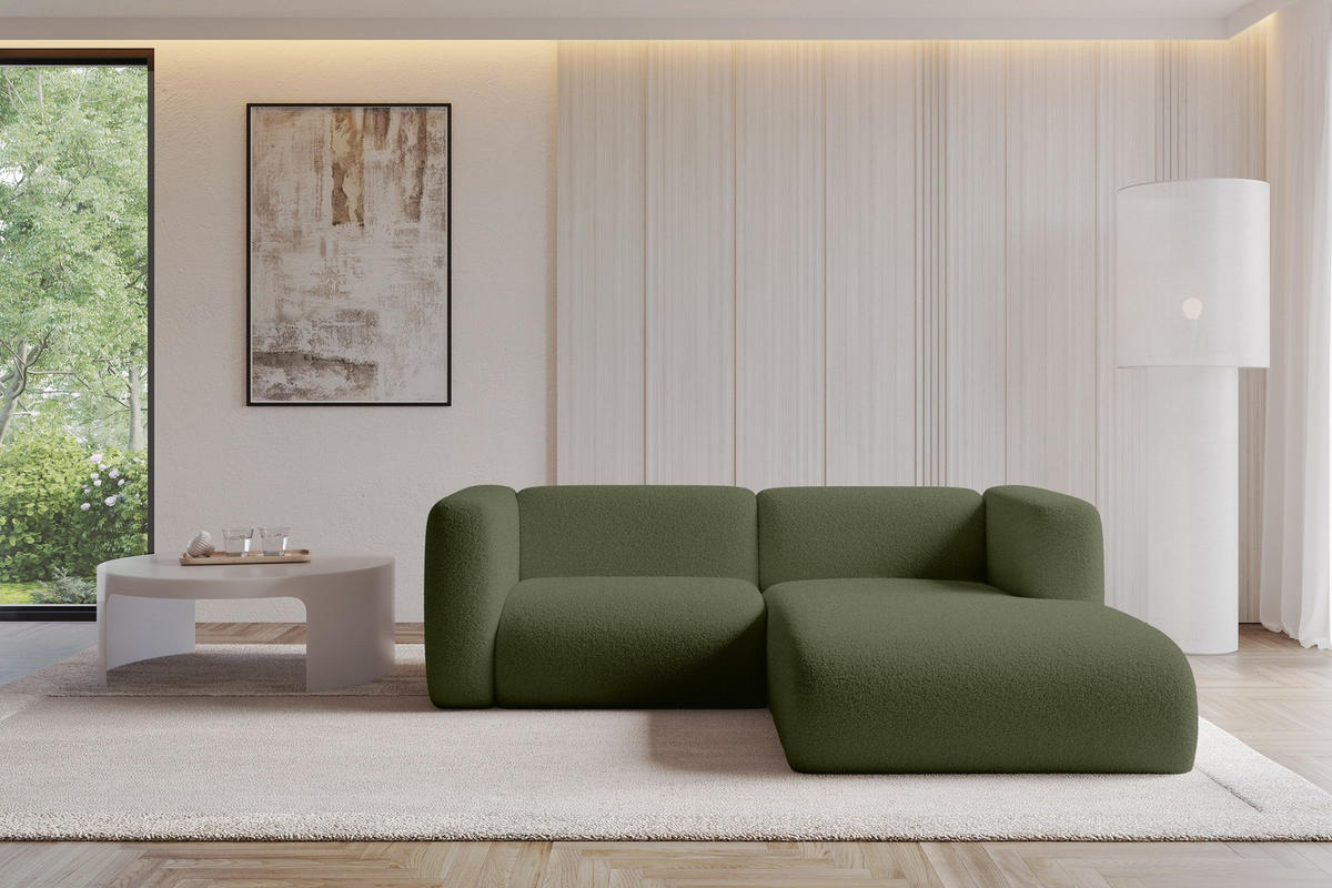 ECKSOFA Ottomane Rechts MIRA-L1 227x179x89 Grün Bouclé - Schwarz/Olivgrün, Holzwerkstoff/Kunststoff (227/179cm) - ALTDECOR