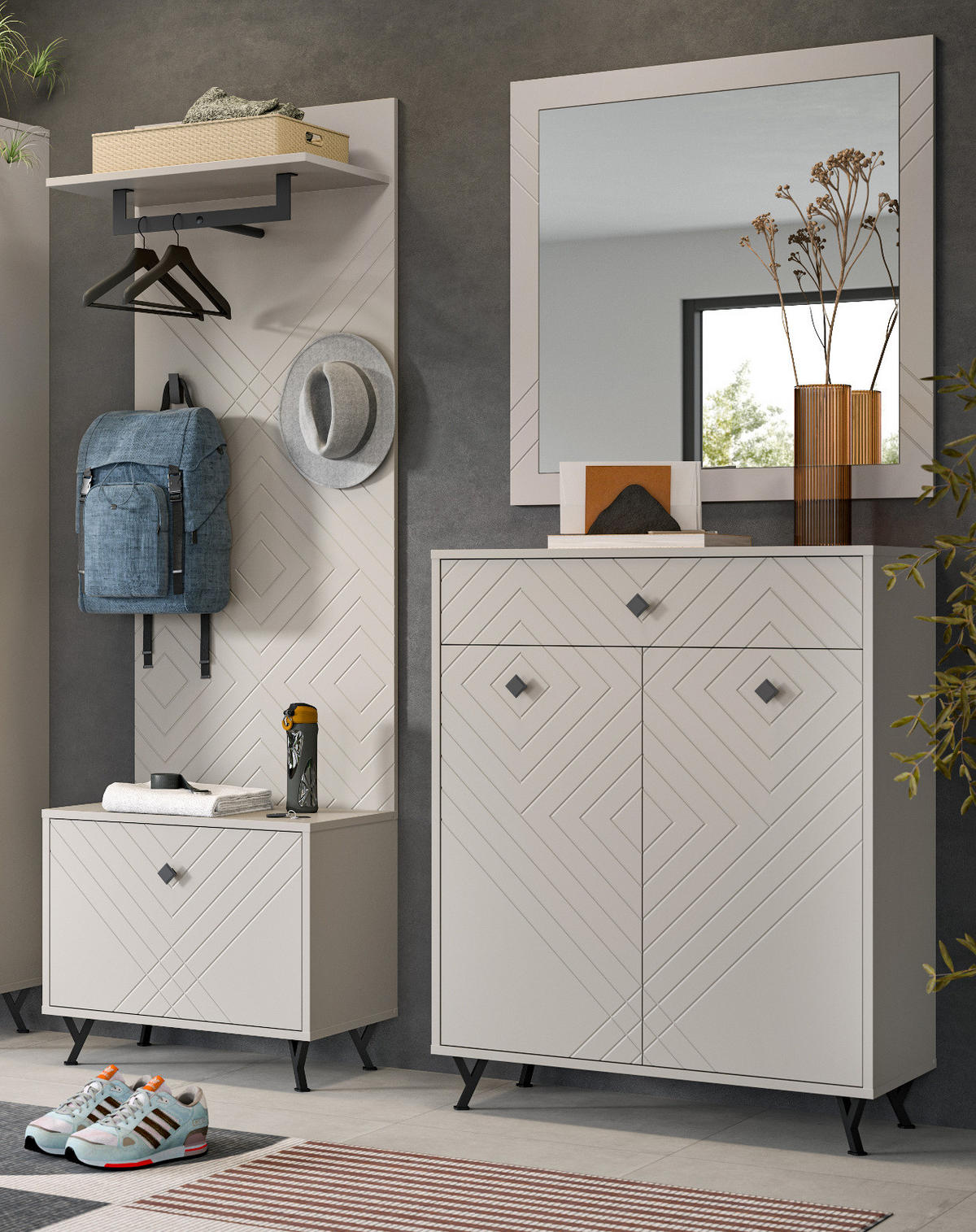 GARDEROBE Set 4-teilig Sand matt 155 cm, Garderobenkombination mit Fräsungen - Sandfarben/Beige, Glas/Holzwerkstoff (155/190/35cm) - Inn.Furn