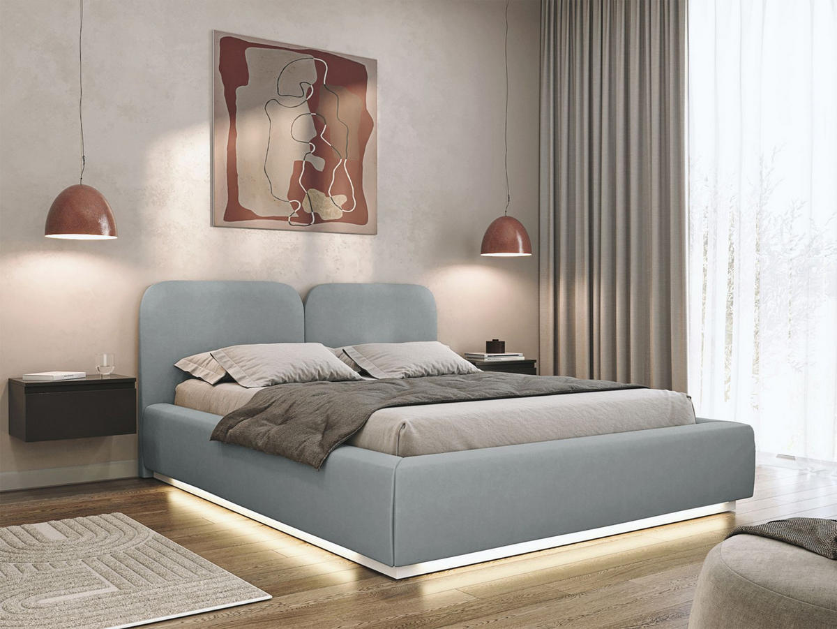 POLSTERBETT Comoves 140x200 Grau mit Veloursbezug und LED - Grau, Textil (140/200cm) - Selsey