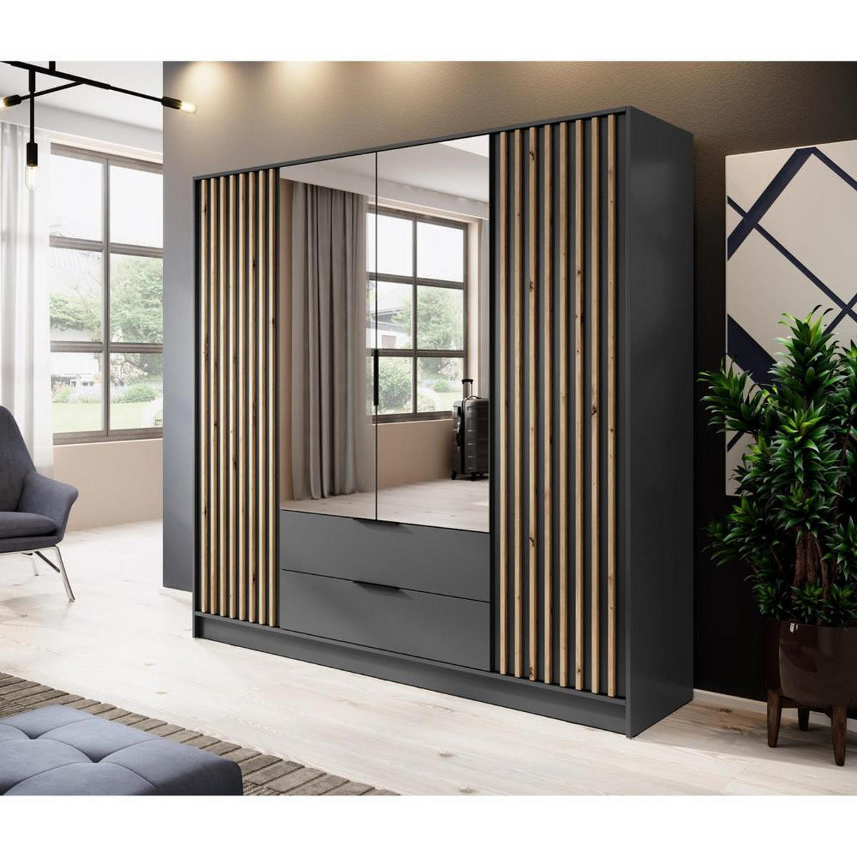 DREHTÜRENSCHRANK Kelly 206/200/51 4-türig graphit mit Spiegel - Graphitfarben/Schwarz, Holzwerkstoff/Kunststoff (206/200/51cm) - Beautysofa