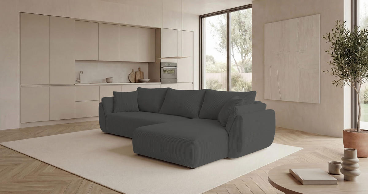 ECKSOFA SYDNEY rechts dunkelgrau Cord Poso 60 - Schlaffunktion, Bettkasten - Anthrazit, Textil (280/175cm) - Cornero