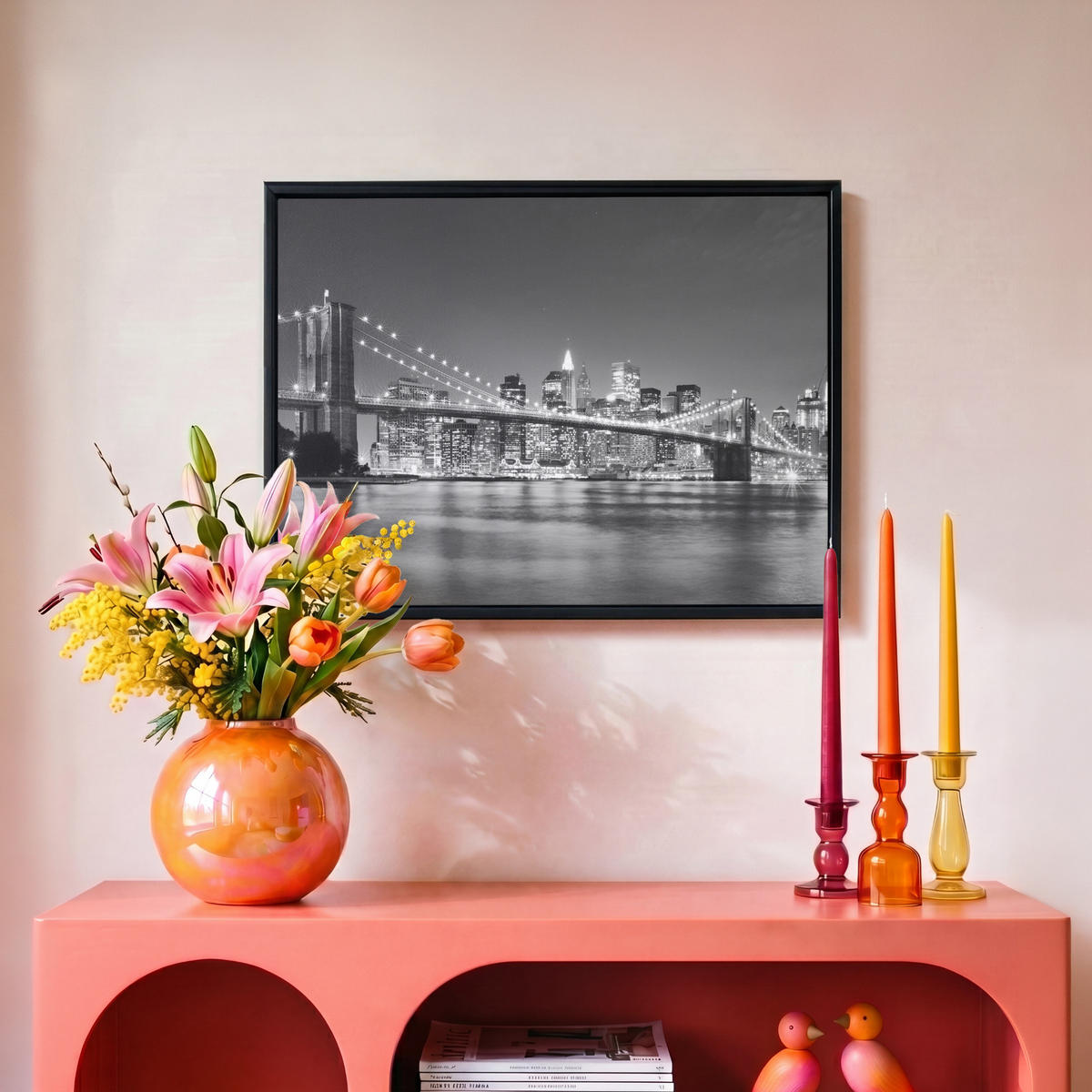 LEINWAND Bilder mit Rahmen - New York - Brücke - Brooklyn - Schwarz und weiß - Architektur - 40x30 - Schwarz, Textil (40/30cm) - MuchoWow