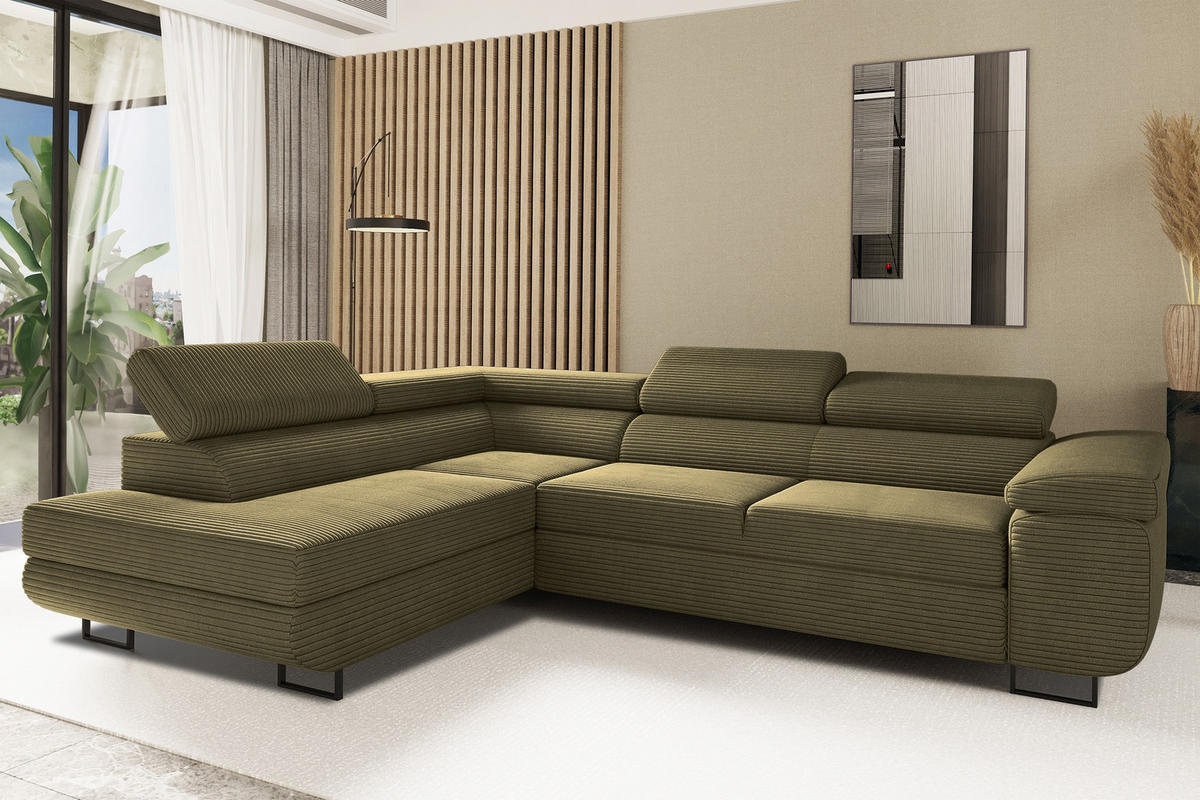 ECKSOFA ATOMIC Mit Schlaffunktion, Stoff Poso, Olive, Links - Olivgrün, Holz (203/277cm) - Kaiser Möbel