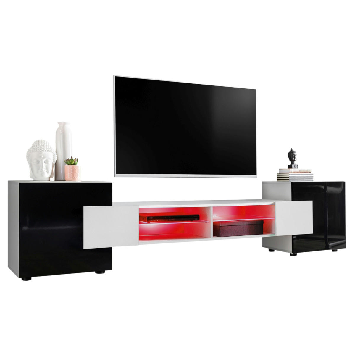 LOWBOARD MERANO Weiß, LED Beleuchtung Mehrfarbige - Schwarz/Weiß, Glas/Holzwerkstoff (230/52.5/35cm) - Komodee