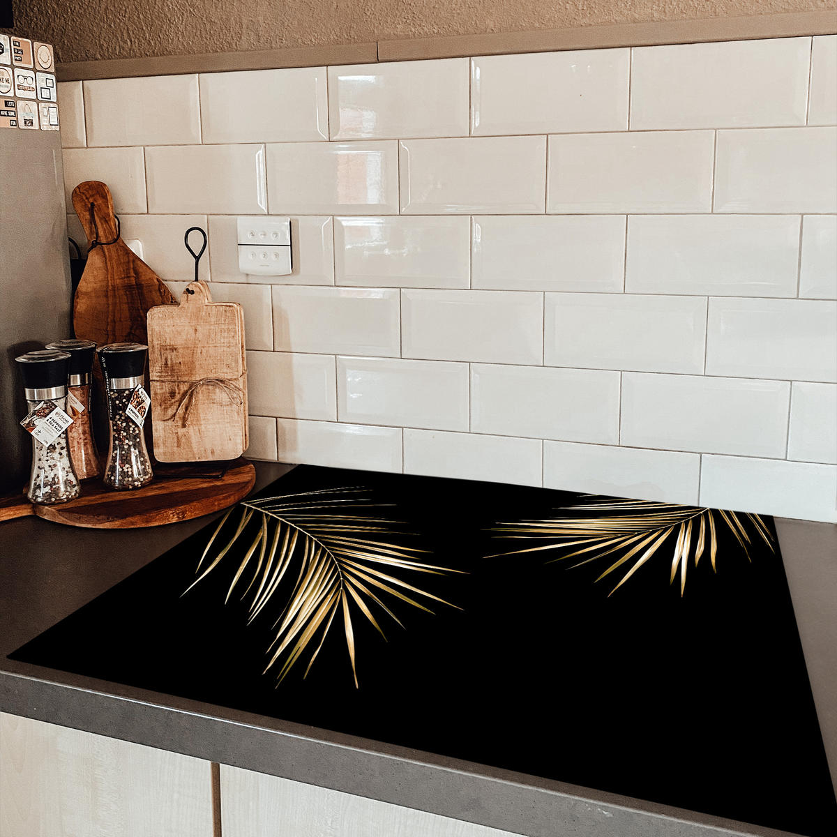 HERDABDECKPLATTE Blätter - Pflanzen - Gold - Schwarz - Luxus Induktionsmatte 77x59 cm - Goldfarben, Kunststoff (77/59/0.2cm) - MuchoWow