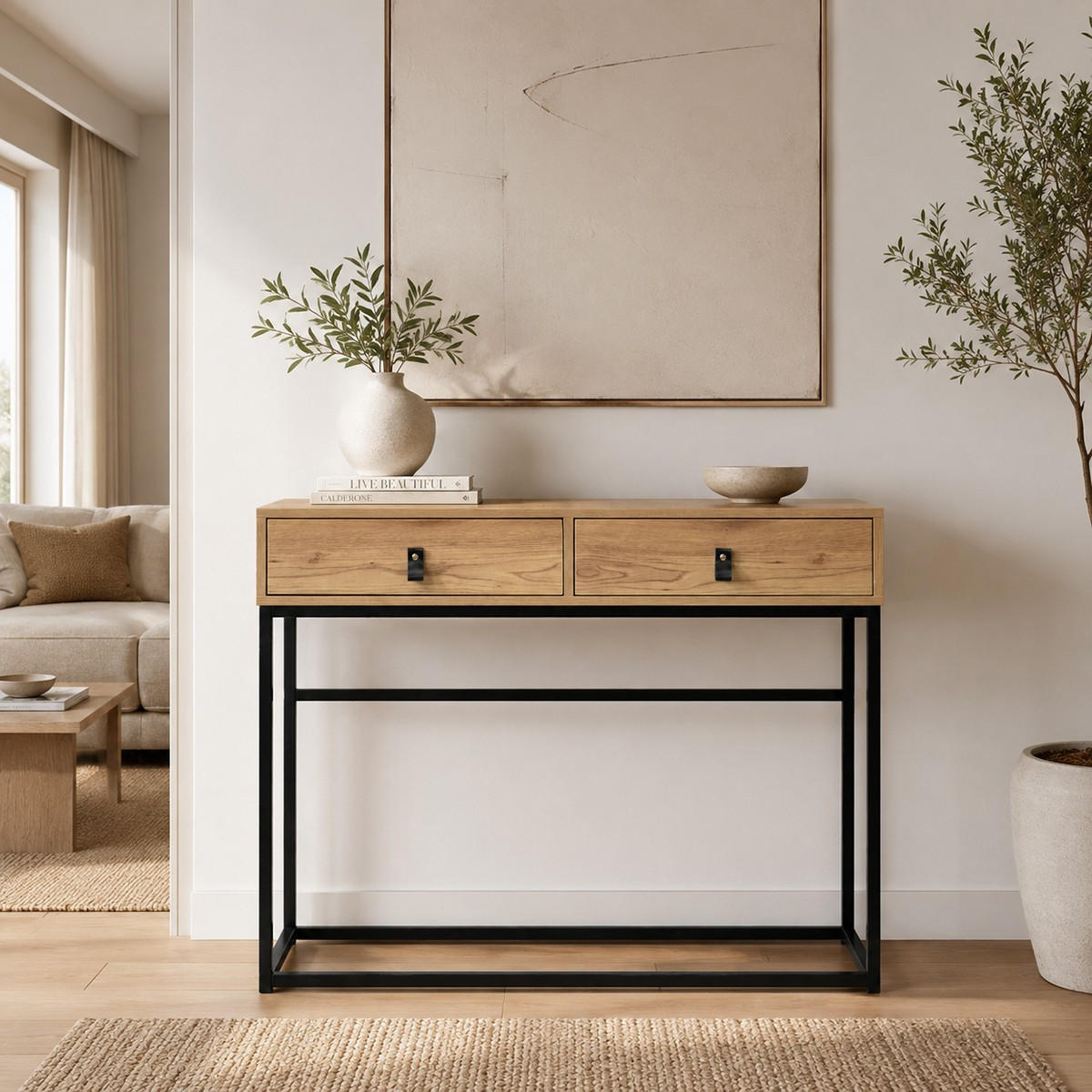 KONSOLE in Eichenoptik mit 2 Schubladen und Metallfüßen L100 cm - JILL - Eschefarben, Holzwerkstoff (36/35.3/80.5cm) - Calicosy