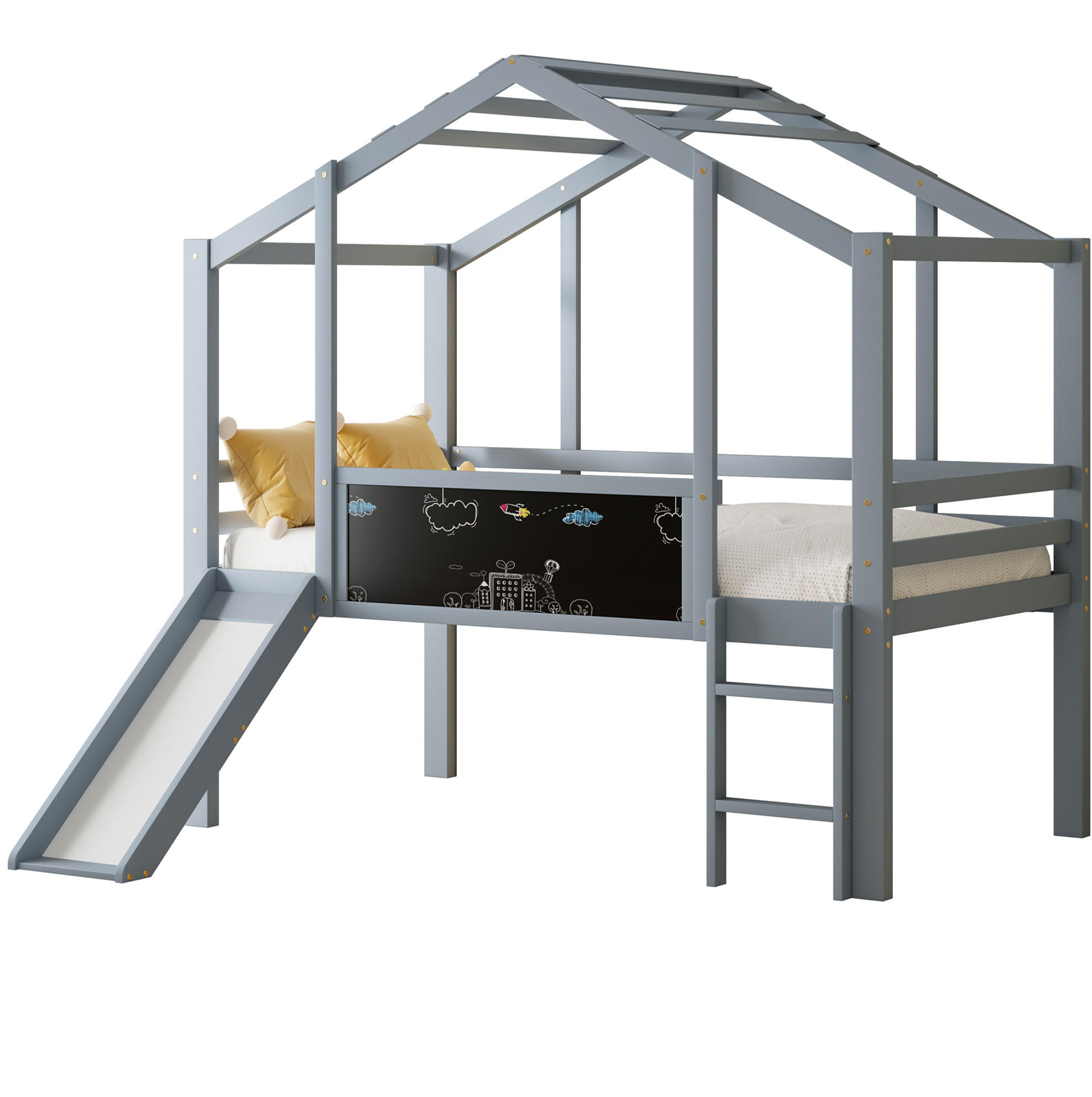 KINDERHOCHBETT Hausstil 90/200 cm, Grau mit Rutsche und Tafel - Grau, Holz (90/200cm) - MIVRAY