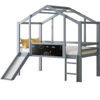 KINDERHOCHBETT Hausstil 90/200 cm, Grau mit Rutsche und Tafel - Grau, Holz (90/200cm) - MIVRAY
