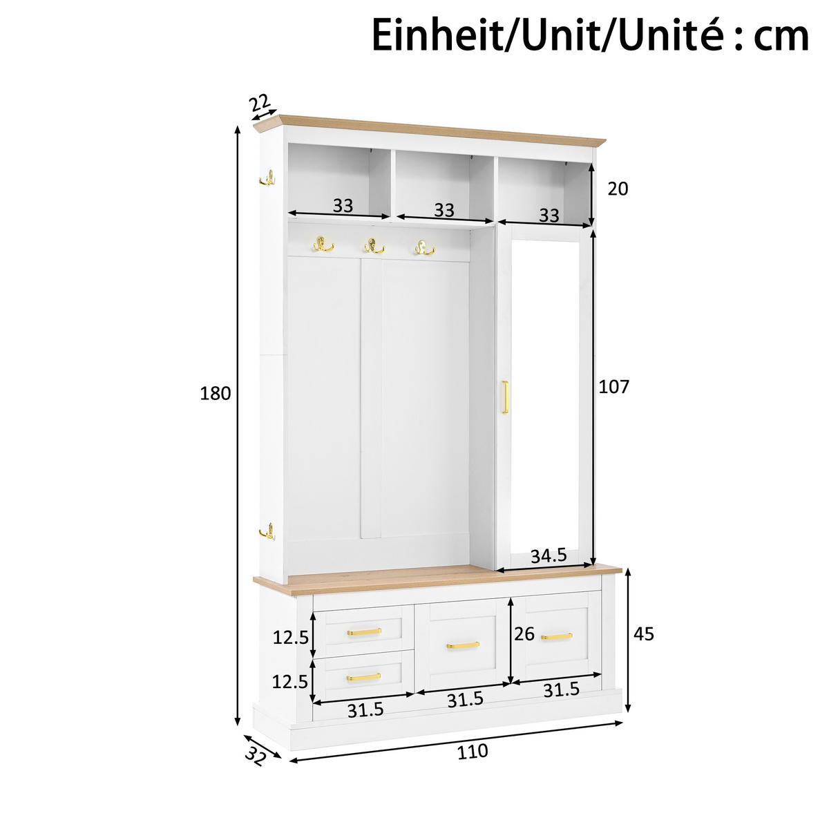 GARDEROBE Flur Set Spiegel Sitzbank Schuhschrank Haken 80cm Weiß - Weiß, Holzwerkstoff (110/180/32cm) - FLIEKS