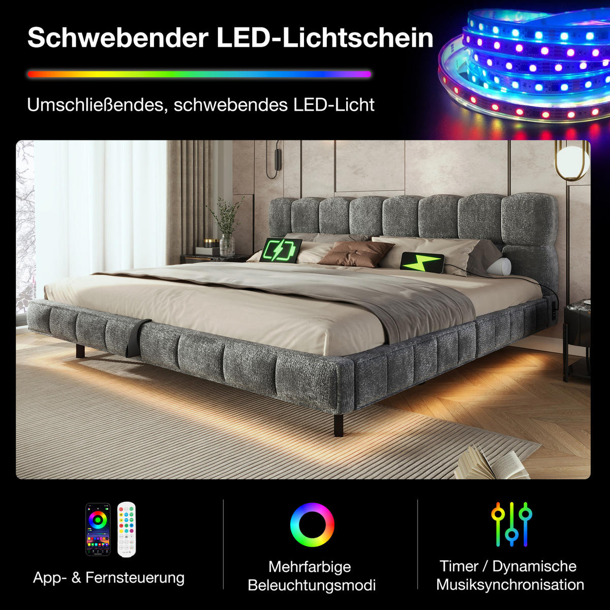POLSTERBETT aus Chenille 180x200 cm Grau mit Bettkasten, LED-Beleuchtung und USB-/Typ-C-Anschlüssen - Grau, Textil (180/200cm) - Modfu