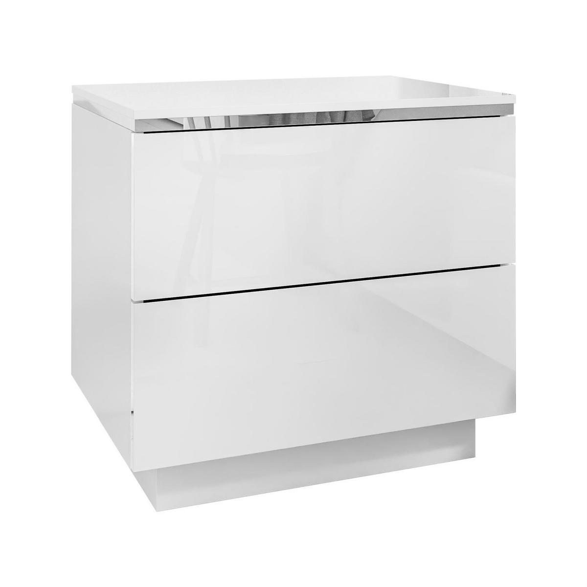 NACHTTISCH AURORA II SILVER Hochglanz Weiß mit LED-Beleuchtung – mit Sockel - Weiß Hochglanz, Holzwerkstoff (50/48/37cm) - Lookway