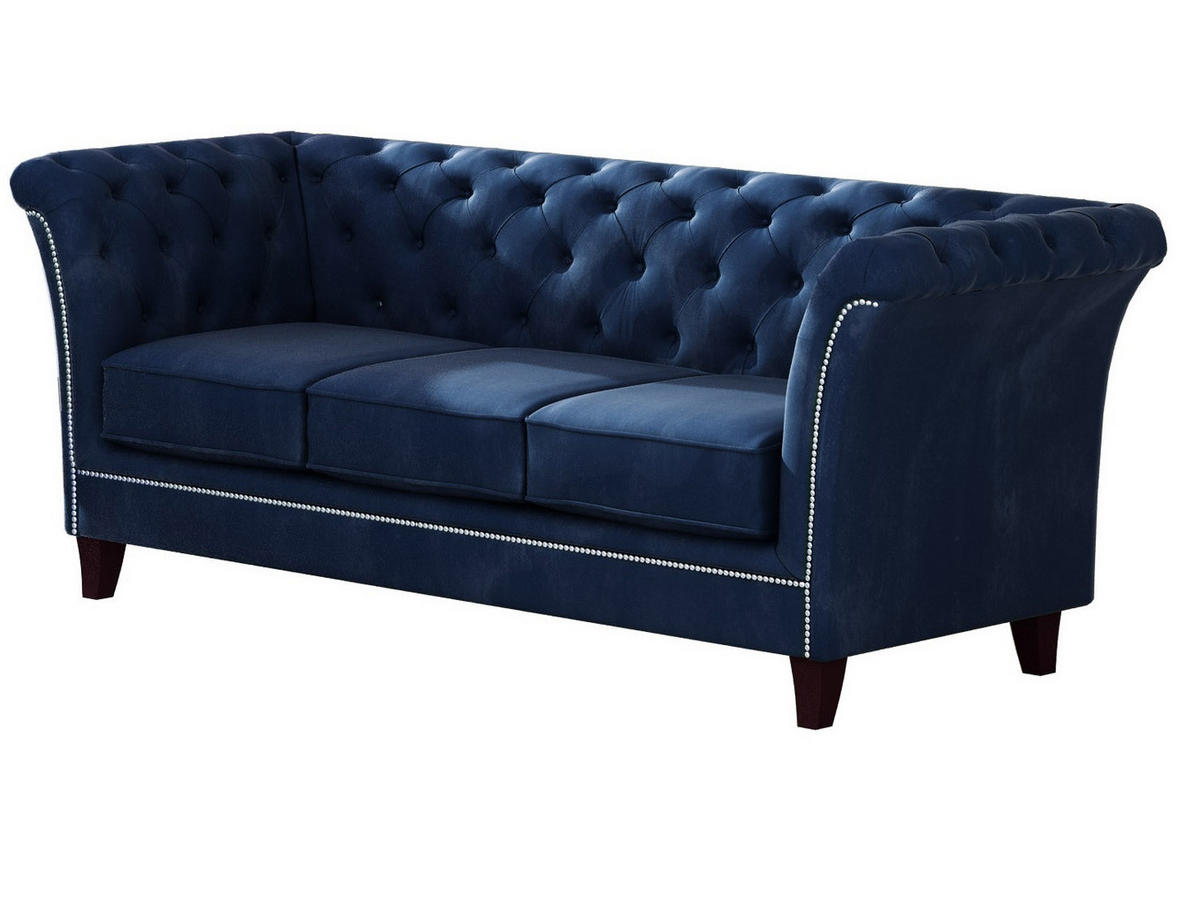 CHESTERFIELD-SOFA 3-Sitzer Fusion Blau Samt - Blau/Braun, Holz/Textil (237/75/82cm) - S-Style Möbel