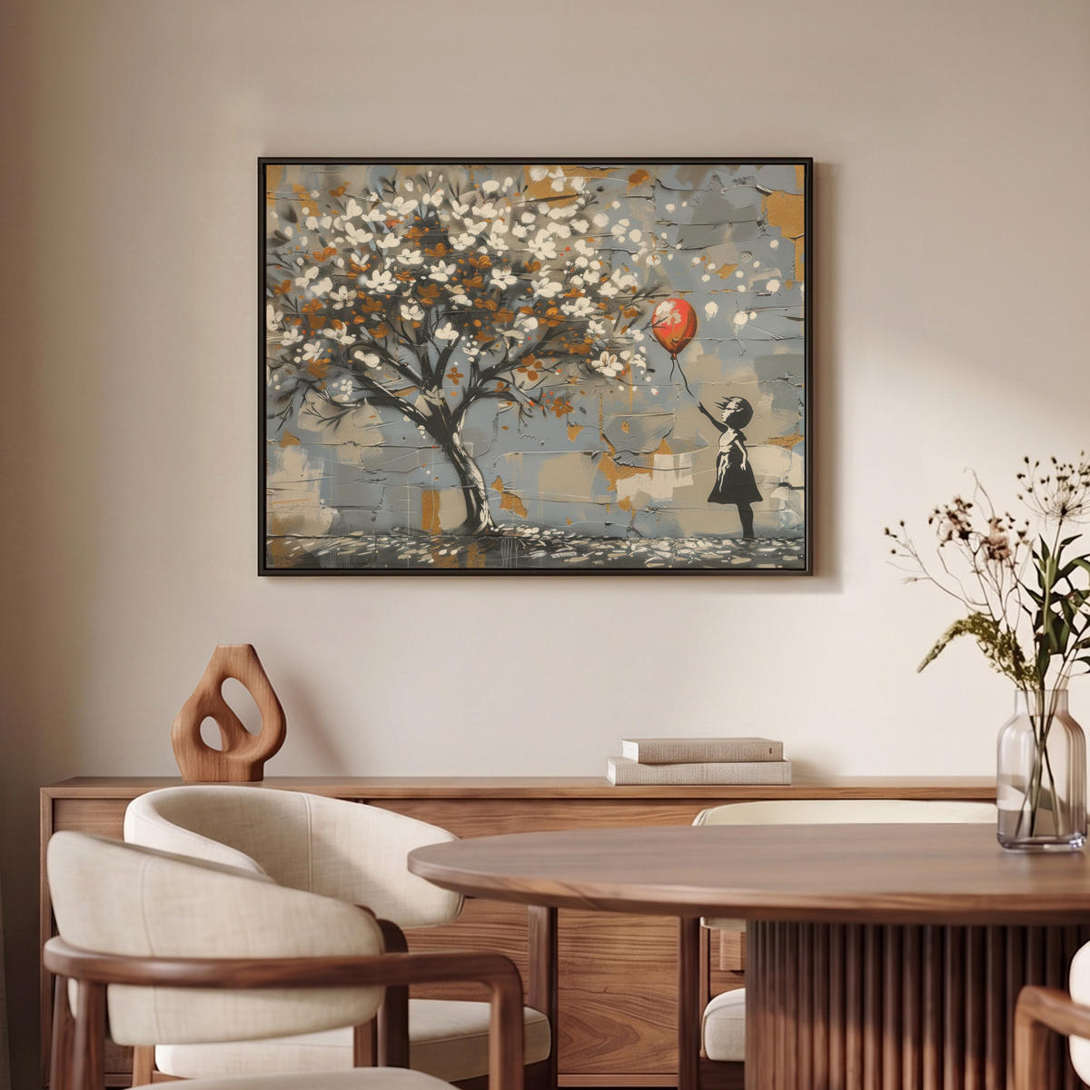 LEINWAND Bilder mit Rahmen - Baum - Graffiti - Banksy-Stil - Ballon-Mädchen - 80x60 - Blaugrau, Textil (80/60cm) - MuchoWow