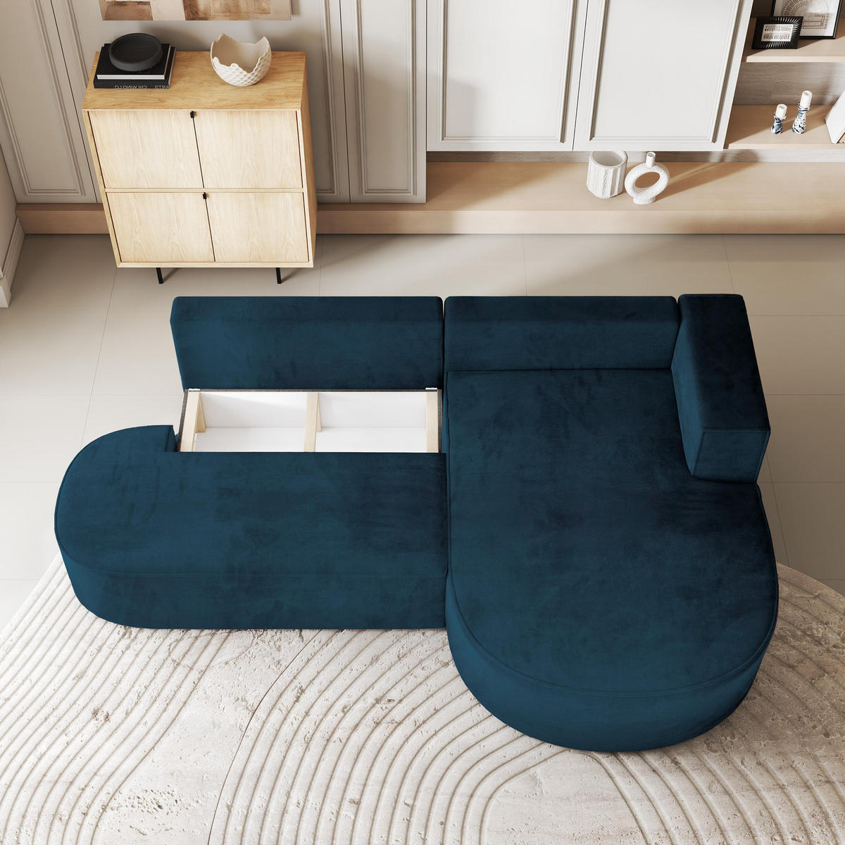 ECKSOFA CORTIO M R-S Blau Velours-Stoff mit Schlaffunktion - Blau, Holz (265/174cm) - MASSENO