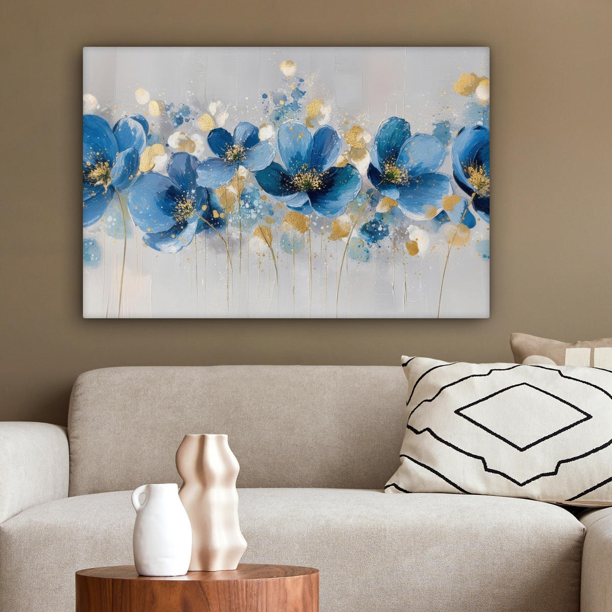 LEINWANDBILD Blumen - Blau - Abstrakt Gemälde 60x40 cm - Hellgrau, Textil (60/40cm) - MuchoWow