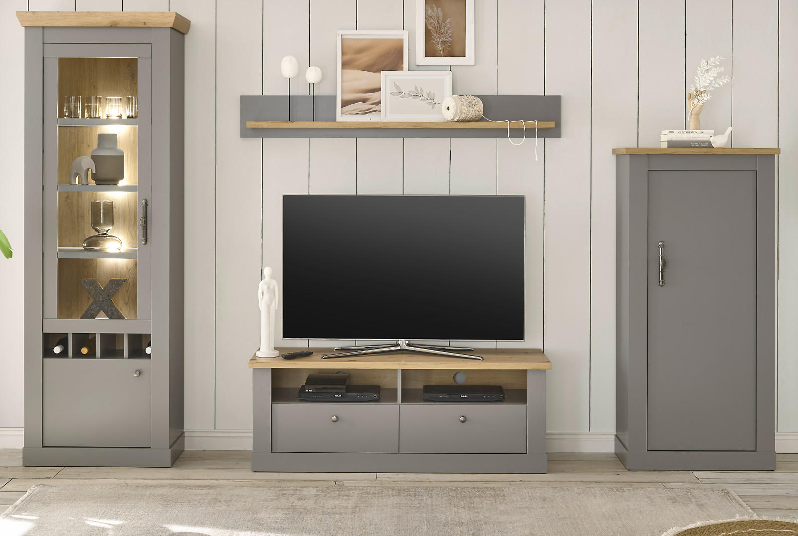 WOHNWAND grau, Artisan Eiche 4-teilig 291 cm, Wohnkombination im Landhaus-Stil - Silberfarben/Hellgrau, Glas/Holzwerkstoff (291/201/44cm) - Furn.Design