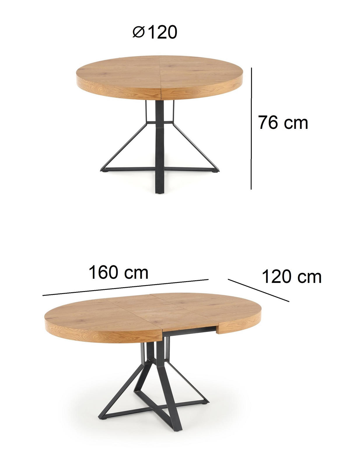 ESSTISCH rund Eiche Gold - Schwarz ausziehbar - Eichefarben/Schwarz, Holzwerkstoff (120/120/76cm) - designimpex
