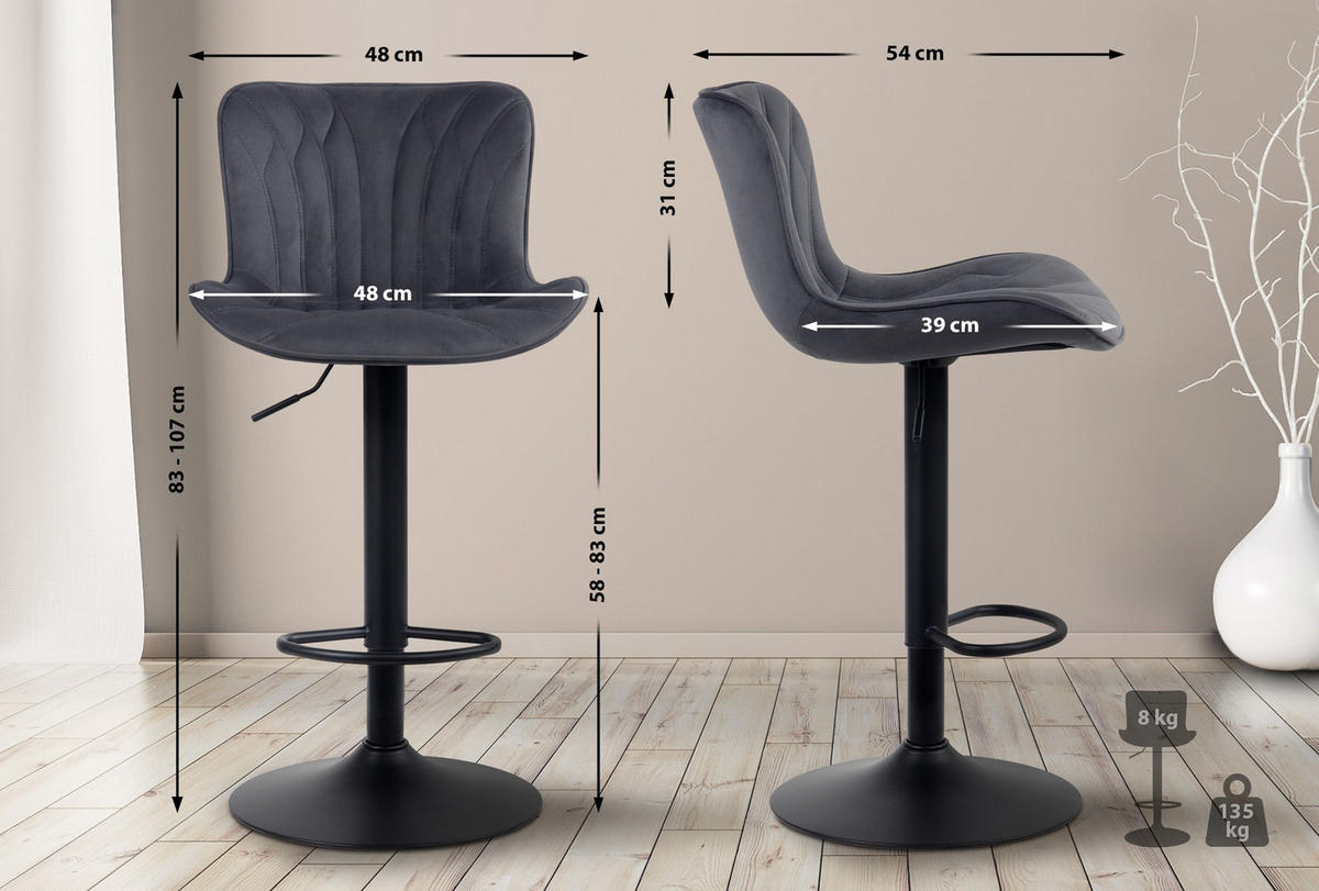 BARHOCKER Linea Samt schwarz - Schwarz, Textil/Metall (48/107/54cm) - TPFLiving