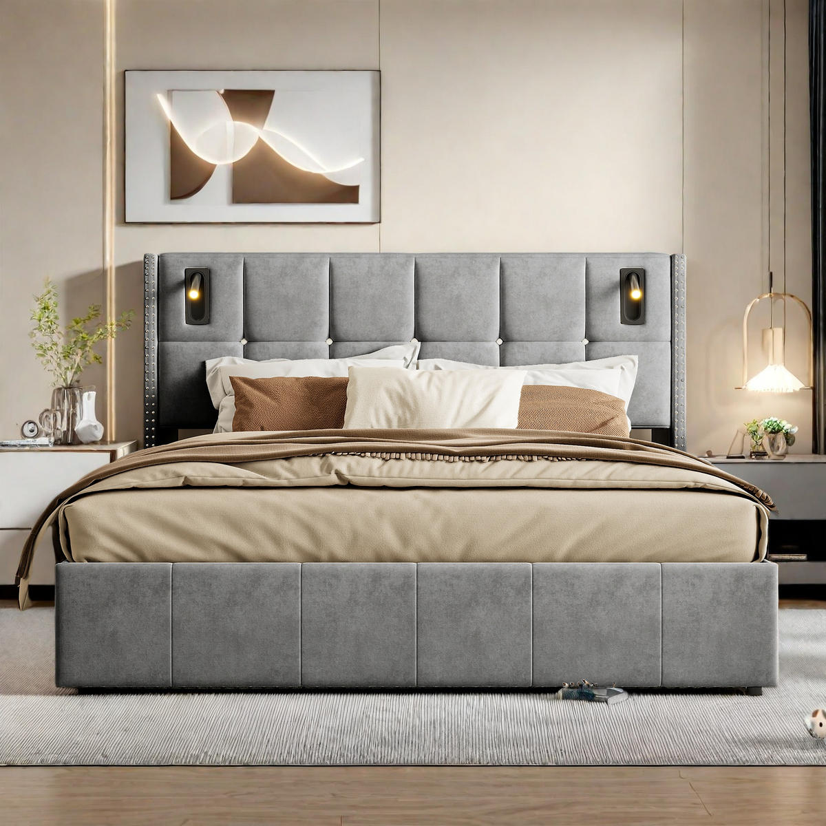 POLSTERBETT 140x200 cm Grau Leselicht Metall Stauraum - Grau, Metall (140/200cm) - SHOPENTRA