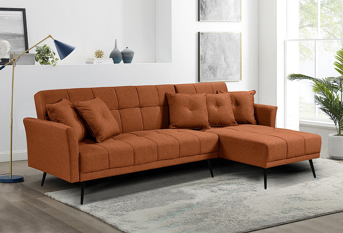 ECKSOFA mit Schlaffunktion - Flachgewebe - Rostfarben/Schwarz, Textil/Metall (250/144cm) - home24