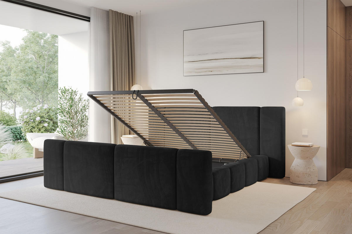 POLSTERBETT mit Bettkasten, Fußteil und Lattenrost, Bett mit Matratze H3/H4 - NILO-Z 200x200 Schwarz - Schwarz, Holzwerkstoff/Textil (200/200cm) - ALTDECOR
