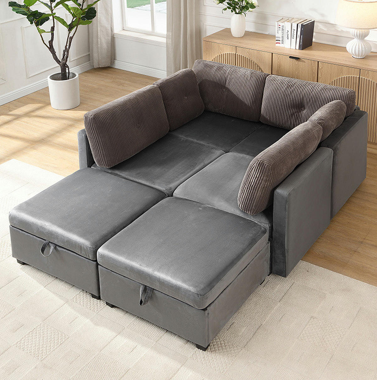 SOFA modular mit Stauraum ca. 261 x 132,5 cm Samt/Cord Antique Grey 6-teilig - Grau, Kunststoff (132.5/85/261cm) - Meubliv