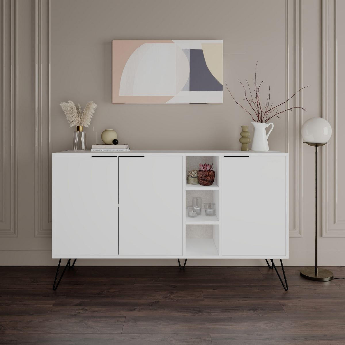 BUFFET 3 Nischen und 3 Türen L142 cm - Clara - Weiß, Holzwerkstoff (35.6/83/15cm) - Calicosy