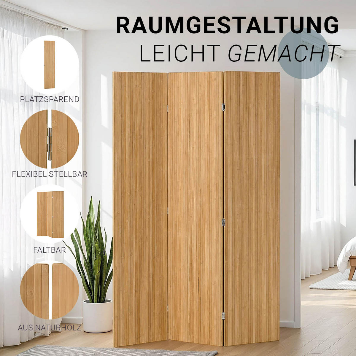 PARAVENT 120/170 cm Natur Holz Bambus - Naturfarben, Holz (120/170/2cm) - Homestyle4u