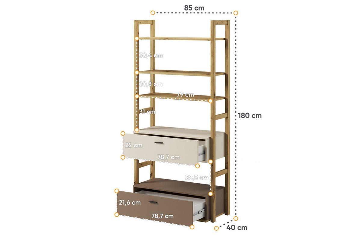 KINDER-BÜCHERREGAL TRIDA mit Schubladen, creme/braun/artisan oak - Creme/Braun, Holz (85/180/40cm) - KONSIMO®