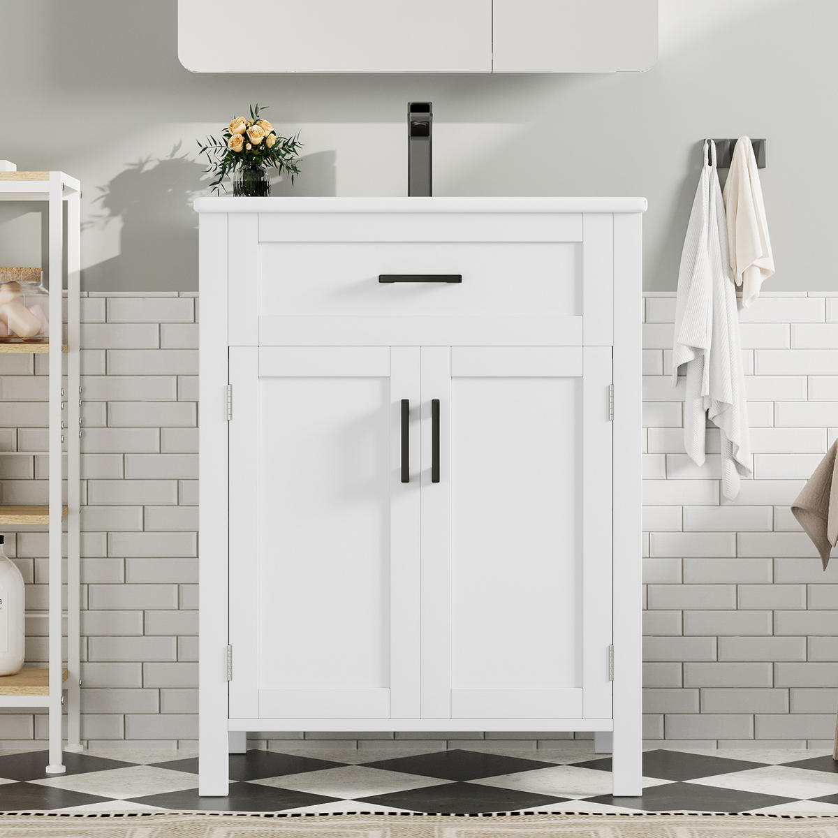 WASCHTISCHKOMBI 60x46x84cm in Weiß mit Keramikbecken & umklappbarer Schublade - Weiß, Holzwerkstoff (60/84/46cm) - Modfu