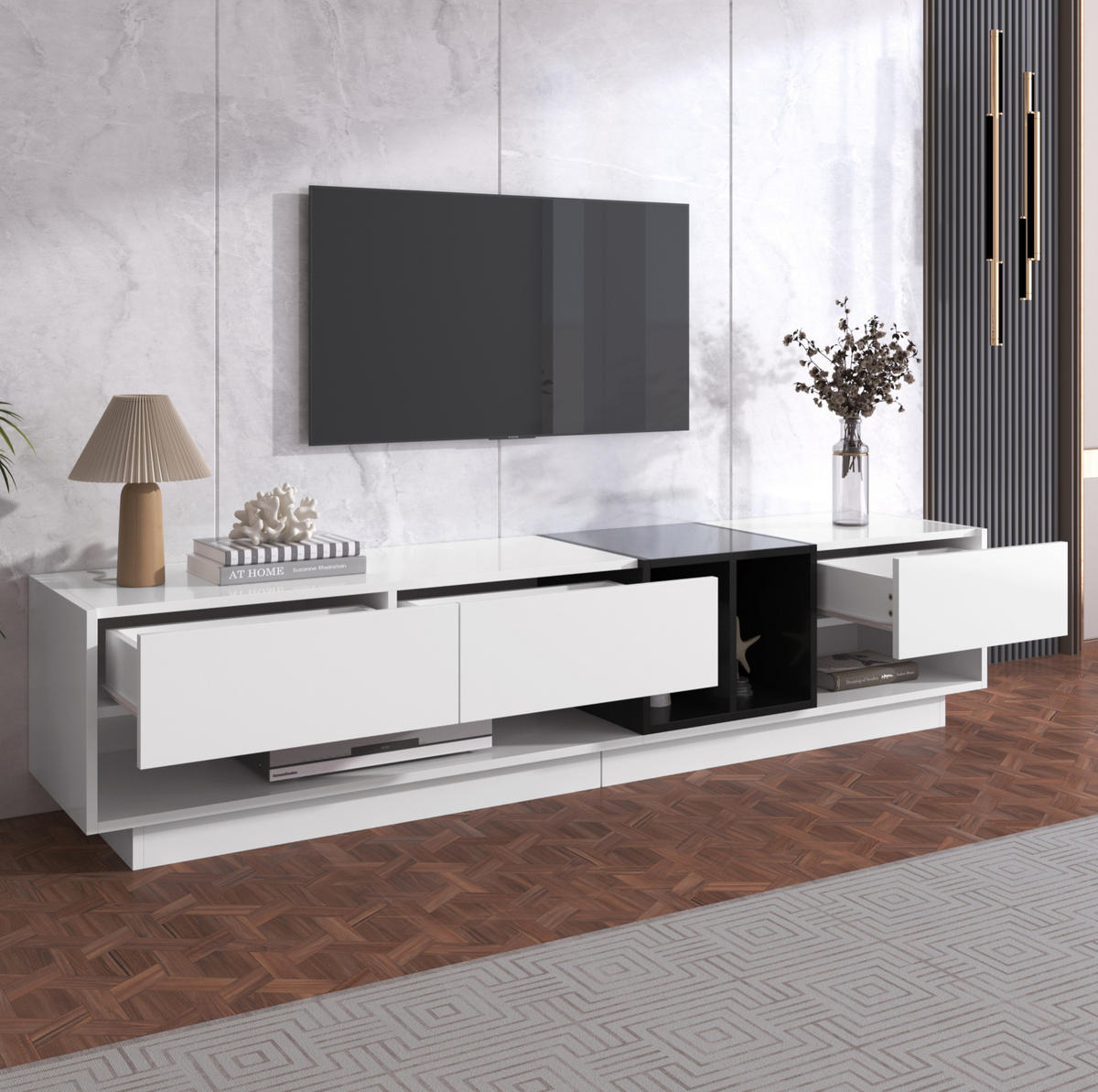 TV-LOWBOARD 190/40/42 cm mit 3 Schubladen und 2 offenen Fächern - Schwarz, Holzwerkstoff (190/42/40cm) - BEAOK
