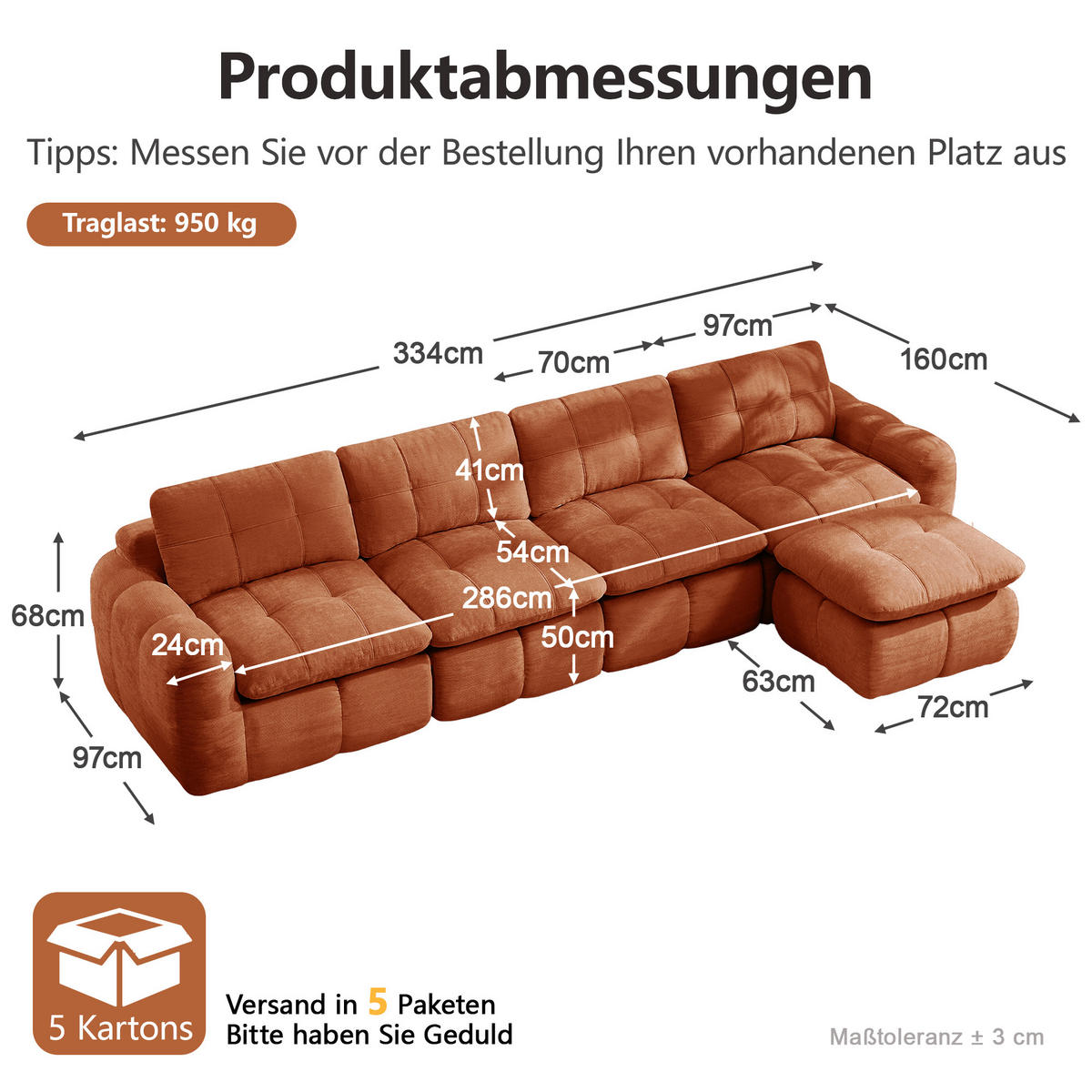 ECKSOFA 334/160/68 cm Orange Chenille mit 1 Fußhocker - Orange, Textil (334/160cm) - Oxeza