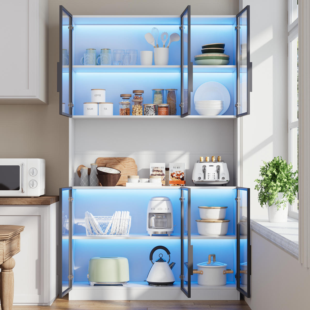 VITRINE in Weiß Highboard mit 6 Türen, LED & Glasfront, Hochschrank für Wohnzimmer/Esszimmer, B120/T34/H200cm - Weiß, Glas/Holzwerkstoff (120/200/34cm) - STILVORA
