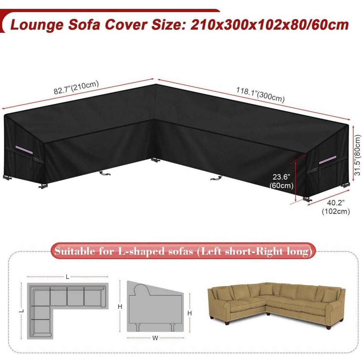 GARTENLOUNGE Abdeckplane L-Form 210x300x102x80/60cm Wasserdicht - Schwarz, Kunststoff (210/102/102cm)