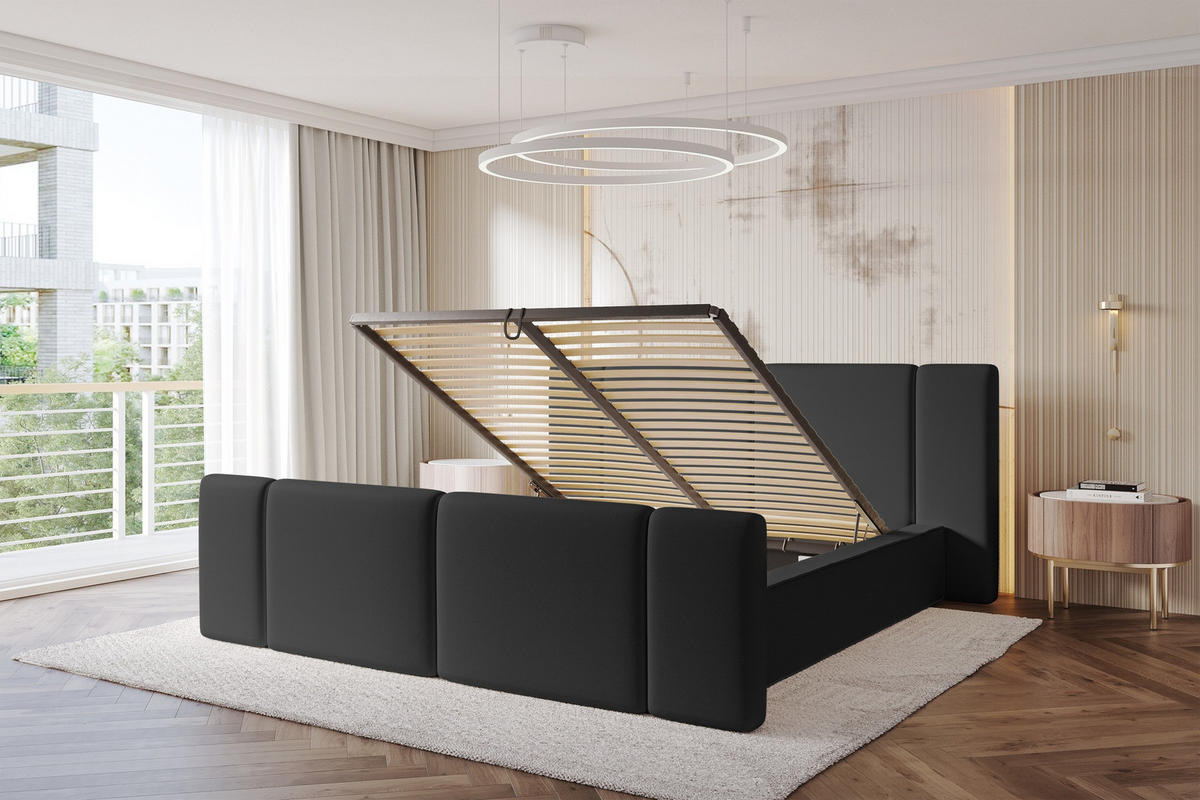 POLSTERBETT mit Bettkasten, Fußteil und Lattenrost, Bett mit Matratze H3/H4 - RIVO-Z 120x200 Schwarz - Schwarz Hochglanz, Holzwerkstoff/Textil (120/200cm) - ALTDECOR