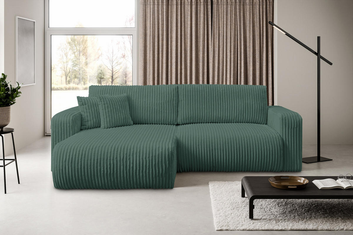 ECKSOFA Tilly, Eckcouch in L-Form mit Schlaffunktion und Bettkasten, Farbe: Grün, Cordstoff, Ottomane Universal - Grün, Textil (244/142cm) - VENASI MÖBEL