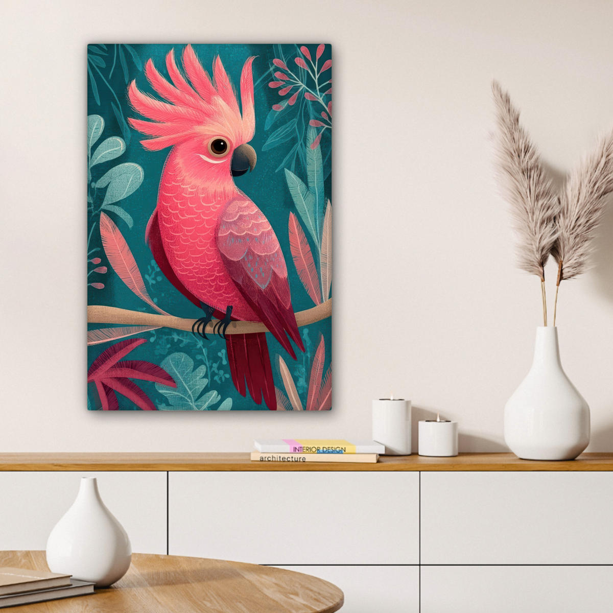 LEINWANDBILD Kakadu - Tropische Blätter - Zweig Wanddeko Schlafzimmer 60x90 cm - Petrol, Textil (60/90cm) - MuchoWow