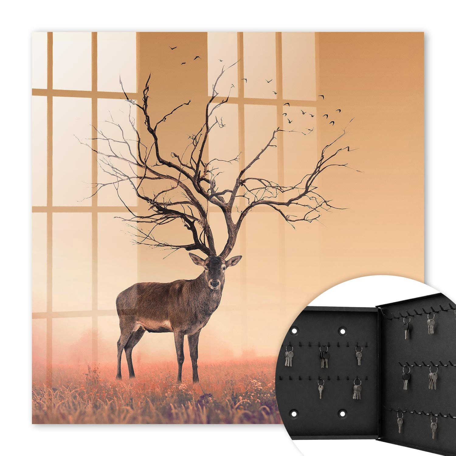 SCHLÜSSELBOX Schwarz 30x30 cm- Türöffnung nach rechts - Magischer Hirsch - Orange, Metall (30/30/5cm) - TULUP