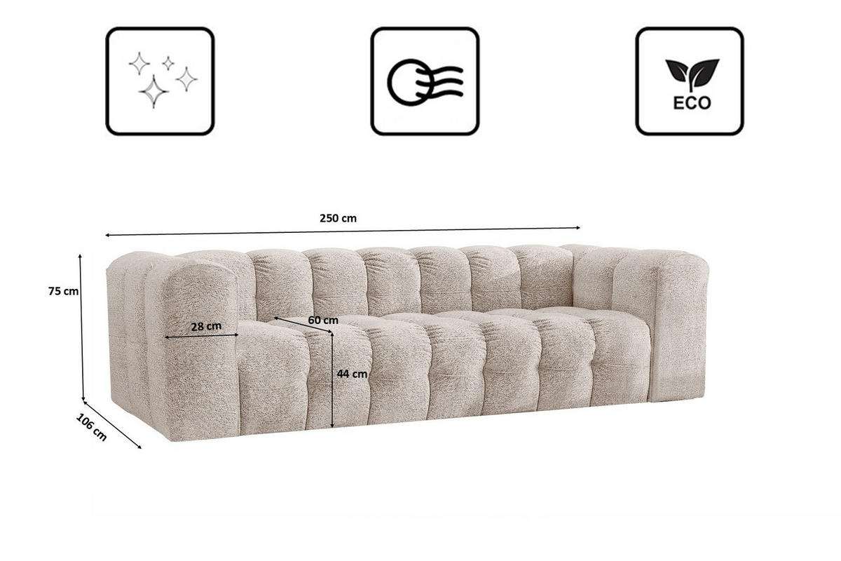 SOFA 4-Sitzer, Komfort, BALOO, Stoff Schenille & Bouclé, Ecru - Ecru, Holz (250/75/106cm) - Kaiser Möbel