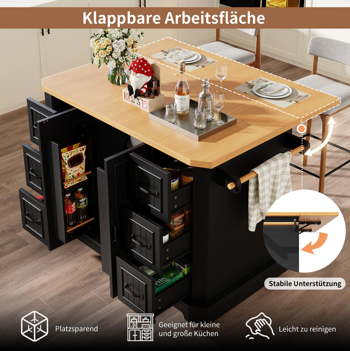 KÜCHENINSEL 120/45/91 cm aus MDF/Metall mit 6 Schubladen und Rollen Schwarz - Schwarz, Holzwerkstoff (120/91/75cm) - Modenvie