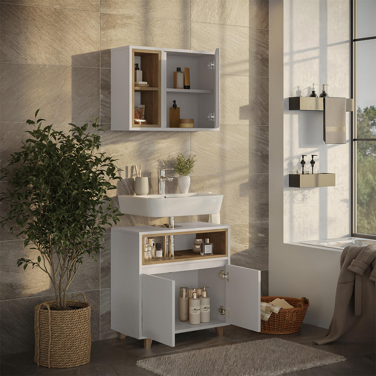 KOUPELNOVÝ NÁBYTEK Elnor Bílá/dub - bílá, kompozitní dřevo (60/61/30cm) - Vicco