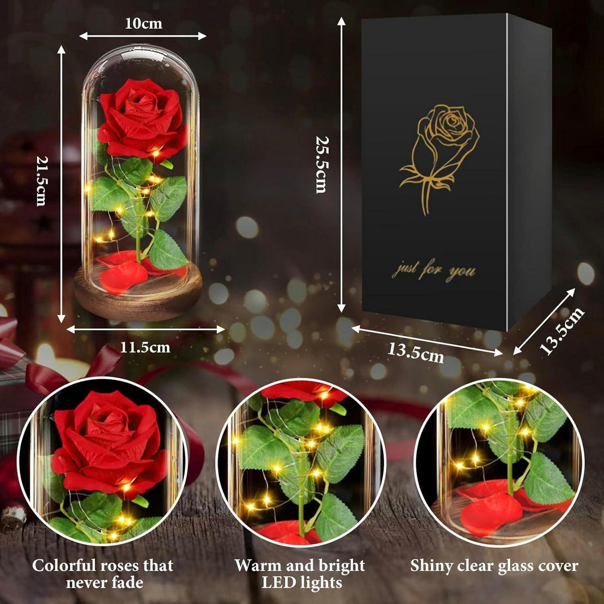 KUNSTBLUME Ewige Rose im Glas mit LED-Licht - Multicolor, Glas (21.5cm)