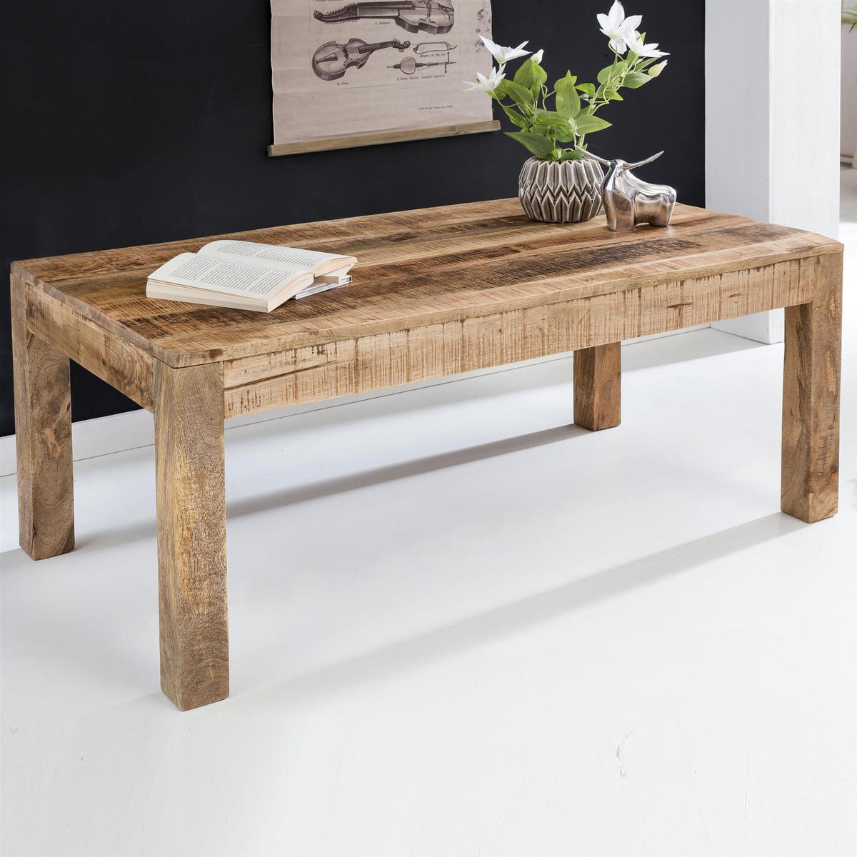 COUCHTISCH aus recyceltem Mango-Holz im Shabby-Chic Stil mit großer Tischplatte, Beige 110x60x47 cm - Beige, Holz (60/110/47cm) - KADIMA DESIGN