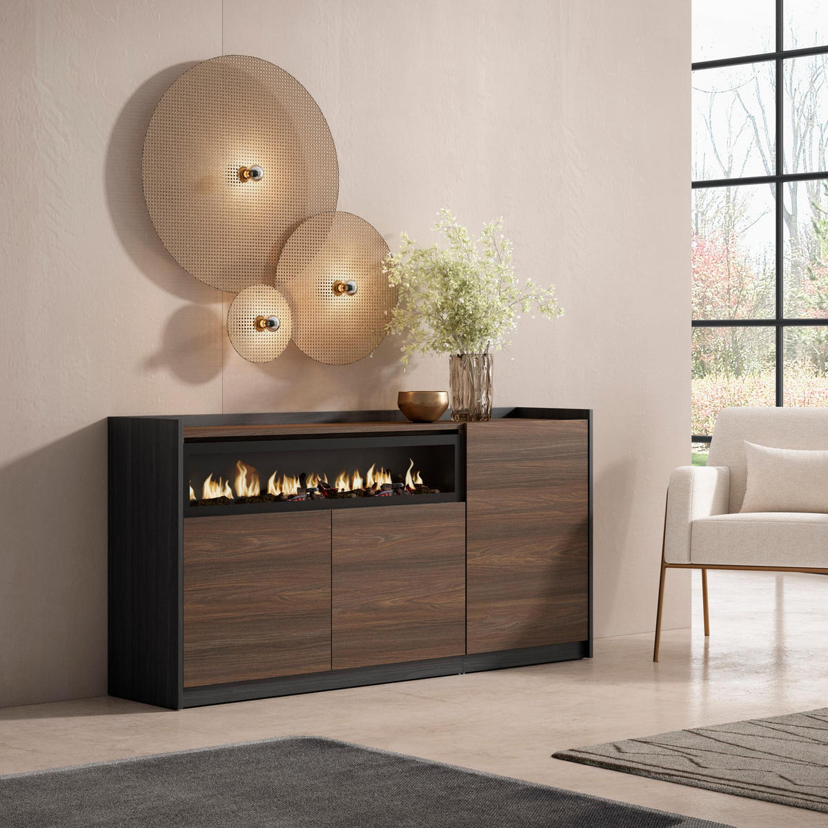 SIDEBOARD, Dunkler Eiche und Schwarz, Elektrokamin, 156/37/80cm - Dunkelbraun, Holzwerkstoff (156/80/37cm) - Skraut Home