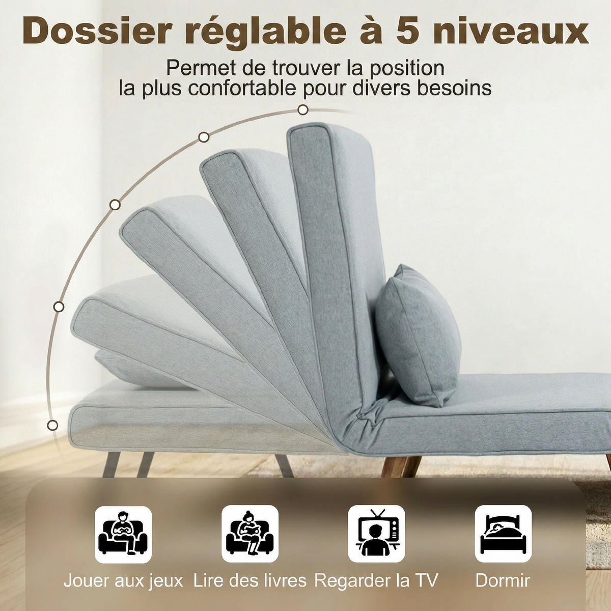 SCHLAFSESSEL 3-in-1 DE-14659 5-stufig verstellbar mit Kissen Grau - Grau, Textil (72/85/75cm) - ComfortXL