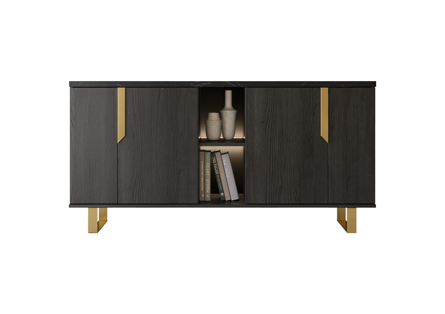SIDEBOARD ORION 165/205 cm in Rosenholzoptik mit Marmoroptik - Goldfarben/Schwarz, Holzwerkstoff/Metall (165/83/49cm) - Interdesign24