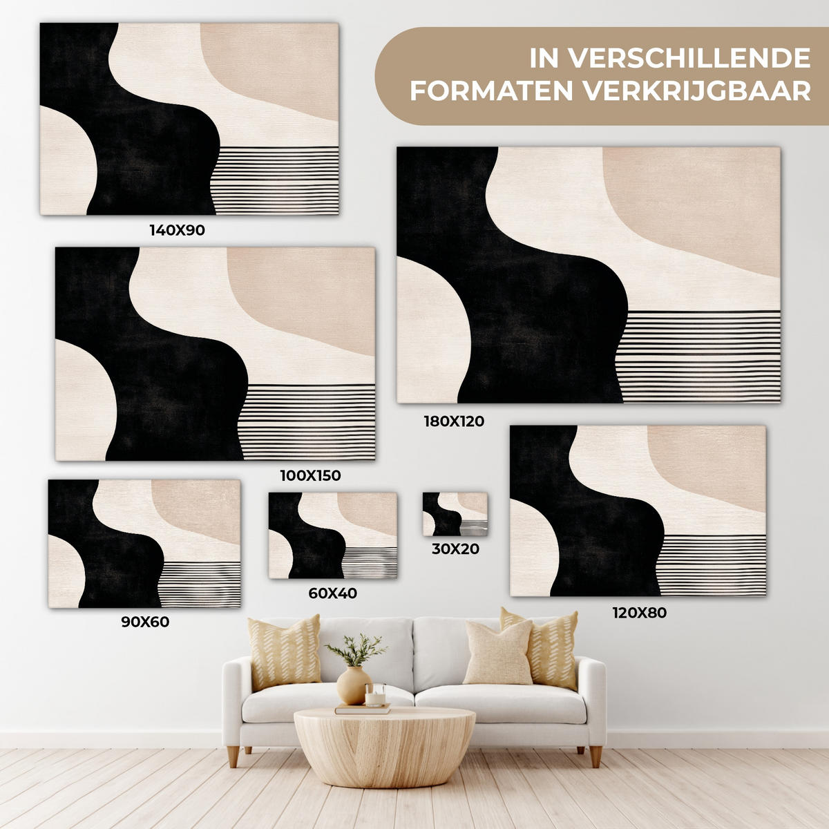 LEINWANDBILD Abstrakt - Japandi - Beige - Modern Deko Schlafzimmer 30x20 cm - Schwarz, Textil (30/20cm) - MuchoWow