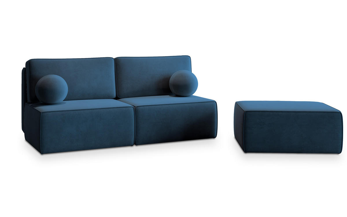 ECKSOFA VARNA M Blau Velours-Stoff mit Schlaffunktion - Blau, Holz (196/158cm) - MASSENO